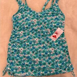 Lands' End Floral Teal and White Bathing Suit Tank